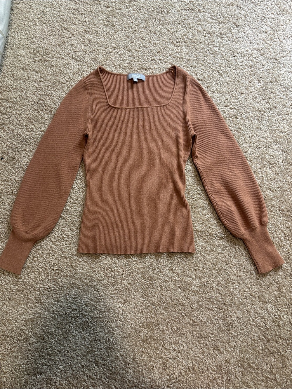 Square Neck Ribbed Sweater Puff Sleeve in Carmel